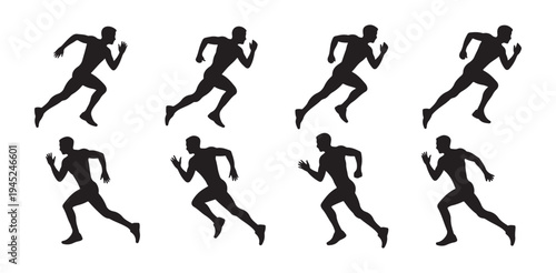 Set of dynamic athletic male runners silhouettes showing various poses of sprinting and marathon running activity