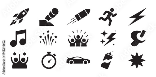 Speed competition success and celebration icons collection including rocket runner lightning music and fireworks symbols