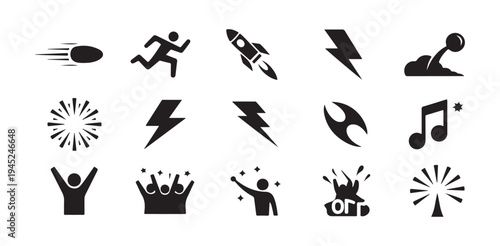 Set of icons representing speed acceleration celebration success power energy movement and victory concepts vector