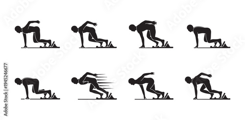 Sprinter starting block position icons showing different stages of track and field crouch start