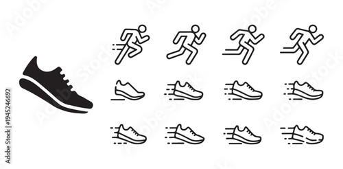 Running shoe icon set with various running man motion outlines and speed effects
