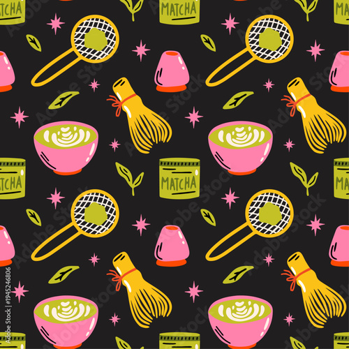 Matcha tea vector seamless pattern with cartoon groovy funky illustration of japanese making matcha latte drink for restaurant or cafe kawaii menu design, branding, shop, culinary food blog