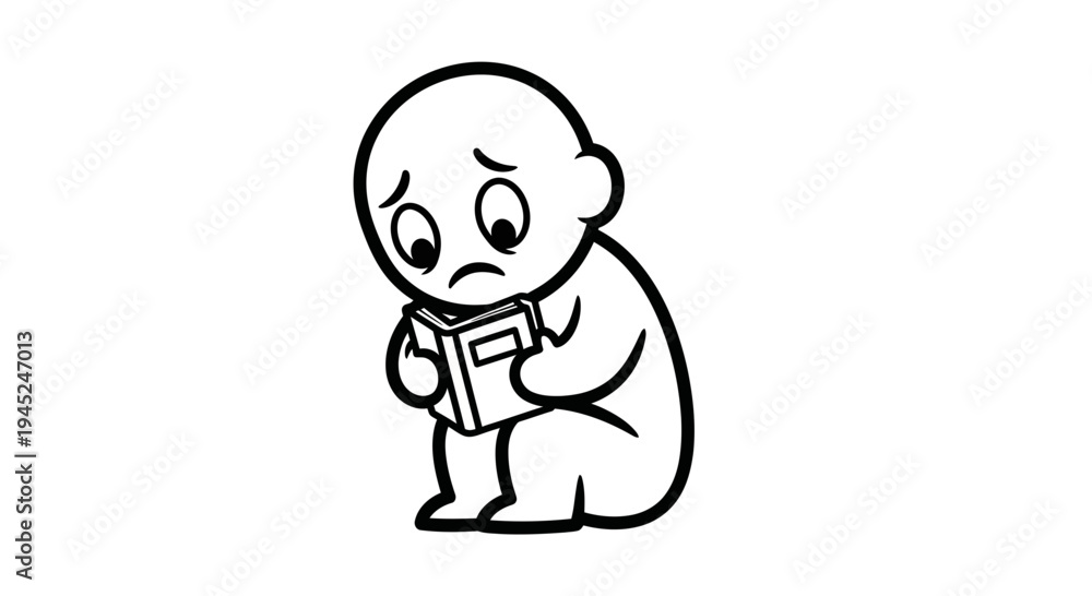 Fototapeta premium Sad Child Reading Book, Feeling Worried or Depressed, Education Concept