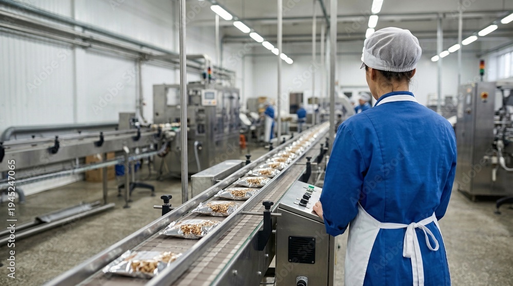 Fototapeta premium Food processing plant conveyor belt with packaged products and worker observing operations