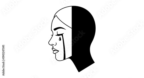 Sad Woman Crying Black and White Profile Silhouette - Emotional Distress