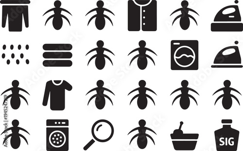 Detailed collection of pest control icons with clothing and appliance symbols