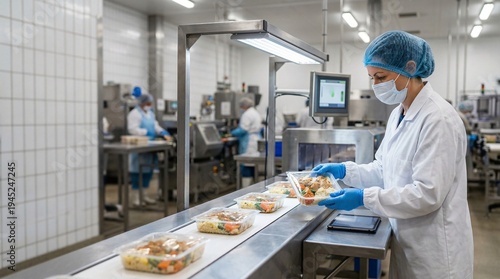 Food production worker in sterile factory inspects packaged meals on a conveyor belt