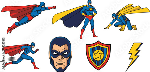 Superhero Action Pose Collection with Flying Hero, Running Power Character, Masked Face, Shield Emblem and Lightning Symbol in Comic Style Vector Set