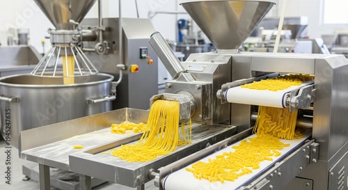 Industrial pasta production line with fresh pasta extruding and moving on conveyor belts
