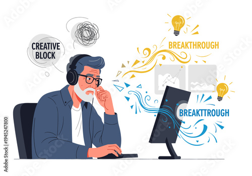 Man overcoming creative block and finding a breakthrough while working on a computer, symbolizing problem-solving and inspiration.