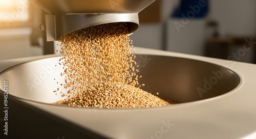 Grains pouring from industrial machinery into a large metal container food processing