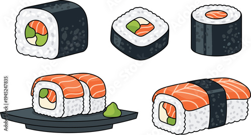 Sushi Roll Collection with Salmon Nigiri, Maki Rolls, Wasabi and Japanese Cuisine Food Illustration Vector Set