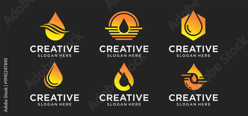 Creative Engine Oil Logo Set, Automotive Lubricant Service Emblem Collection Vector