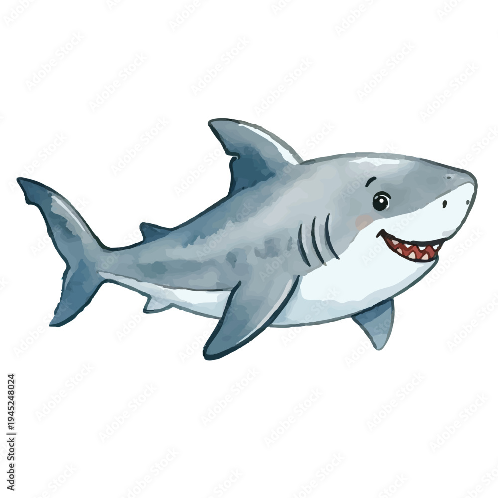 Fototapeta premium Great white shark cartoon isolated swimming underwater with blue fin and marine life elements