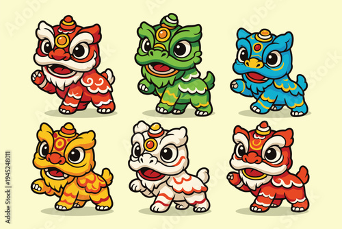 Cute Cartoon Chinese Lion Dance Characters Set