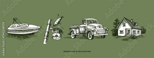 Hand drawn camping and outdoor gear set in retro style. Adventure, nature lifestyle, travel, tourism concept. Hiking design poster. Vintage engraving sketch vector illustration