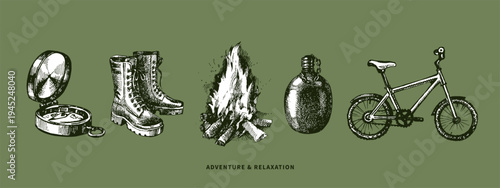 Hand drawn camping and outdoor gear set in retro style. Adventure, nature lifestyle, travel, tourism concept. Hiking design poster. Vintage engraving sketch vector illustration
