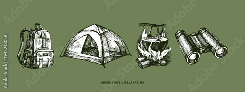 Hand drawn camping and outdoor gear set in retro style. Adventure, nature lifestyle, travel, tourism concept. Hiking design poster. Vintage engraving sketch vector illustration