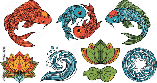 Koi Fish and Lotus Ornament Collection with Decorative Water Waves, Colorful Carp Fish and Asian Inspired Nature Elements Vector Illustration Set
