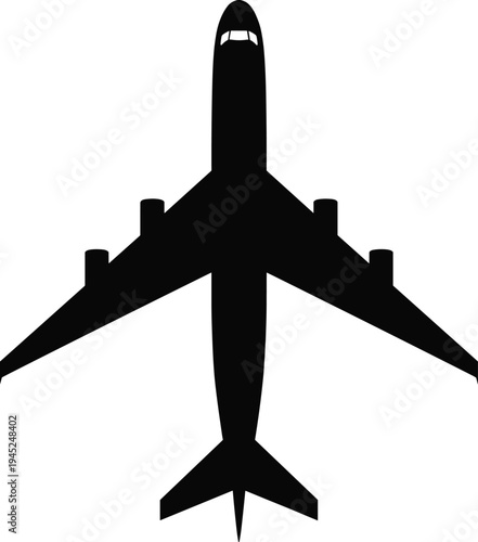 Airplane silhouette icon, passenger jet graphic, aviation and travel symbol, aircraft design tool, outline style, black vector, white background