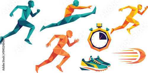 Low Poly Running Athlete Collection with Sprinting Human Figures, Stopwatch Timer, Speed Motion Trail and Sport Shoes in Geometric Polygon Style Vector Set