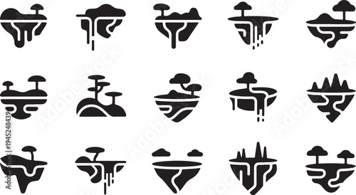 Collection of floating island icons with trees and nature elements design
