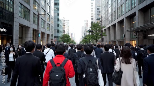 Wallpaper Mural Large crowd of anonymous asian business people commuting to work in a modern city district. Back view of office workers walking on a busy street during morning rush hour Torontodigital.ca