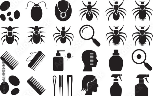 Collection of lice and nit combing prevention icons isolated design set