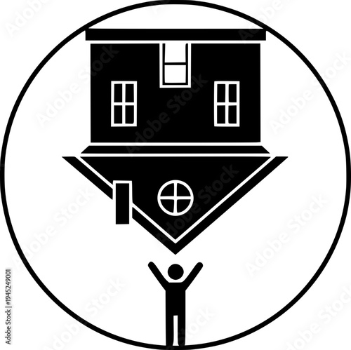 Person with raised arms standing under an upside down house. Minimalist black and white conceptual illustration of housing crisis, financial debt, or life changes.
