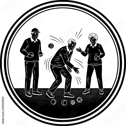 Senior people playing bocce or lawn bowls. Minimalist black and white linocut style illustration of active elderly friends enjoying an outdoor game.