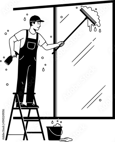 Professional window cleaner working on a ladder with a squeegee and spray bottle. Black and white minimalist illustration of janitorial service and commercial cleaning.