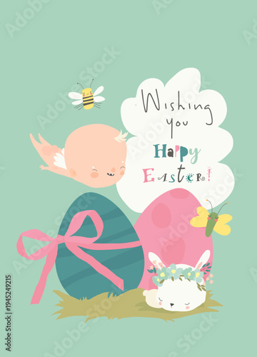 Card for Easter Day with Little Cartoon Angels and Ester Eggs