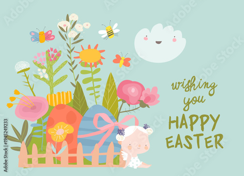 Card for Easter Day with Little Cartoon Angels and Ester Eggs