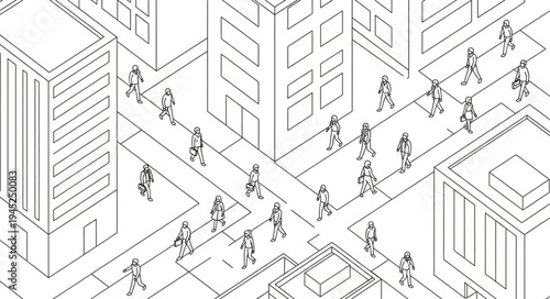 Isometric Cityscape with Pedestrians - A Detailed Architectural Illustration.