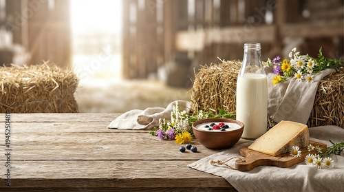 Farmer harvest with fresh milk, yogurt, and cheese on rustic wooden table. Healthy dairy product from countryside farm. Natural organic food in stable