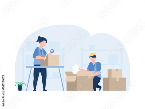 Warehouse workers packing boxes for shipping and delivery in a logistics center