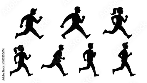 Running people silhouettes in various active poses vector illustration set, male and female joggers in dynamic motion on white background