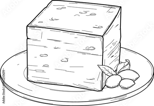 Feta cheese on a plate. Block of white Greek cheese with basil or oregano leaf and organic olives. Dairy product appetizer dish from Greece. Vector illustration