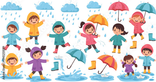 Kids Playing in Rain Cartoon Character Collection with Children Jumping in Puddles Holding Umbrellas Wearing Raincoats and Rain Boots Vector Set