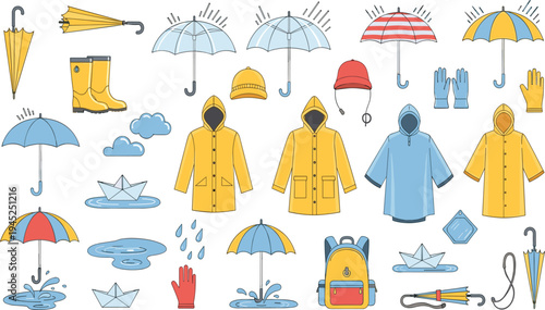 Rainy Day Accessories Collection with Umbrellas Raincoats Rain Boots Gloves Hats and Puddles Weather Gear Vector Set