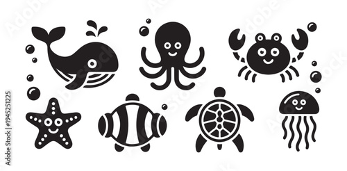 Set of cute sea animals collection with cartoon whale octopus crab starfish turtle fish jellyfish