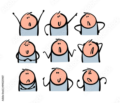 Cartoon hands. A set of avatars for social networks, characters with gestures. Vector illustration is a collection of people with different emotions. Funny kids, boys.
