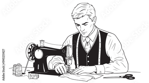 Vector illustration of a man sewing with a machine