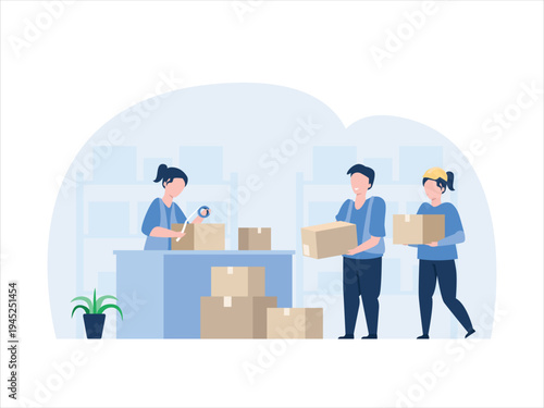 Warehouse workers packing and carrying boxes for shipping and delivery operations