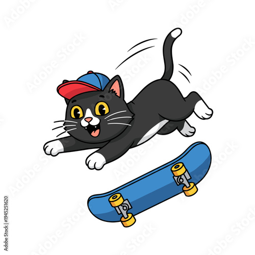 Cute Cartoon Tuxedo Cat Skateboarder Jumping with Blue Skateboard Vector Illustration