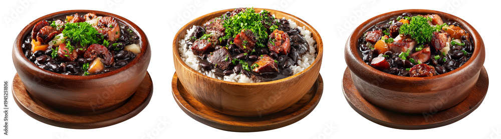 Fototapeta premium Traditional Brazilian feijoada dish with rice, black beans, beef, stew pork and oranges in bowl isolated on white background