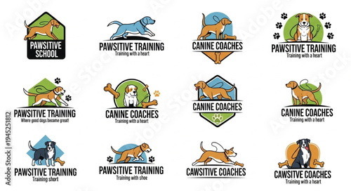 Collection of Dog Training Logos with Playful Canine Illustrations.
