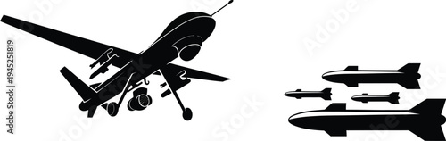 Military drone UAV and missile silhouette set, unmanned aerial vehicle with rockets and weapons isolated in black and white vector for defense aviation and tactical illustration.