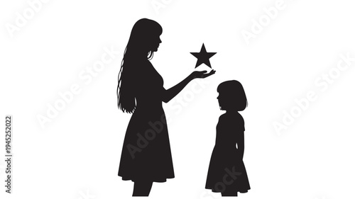 Black silhouette of woman and child with star