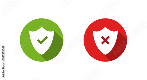 Shield with check and cross icon. Protection and threat symbol. Safe and unsafe sign with long shadow